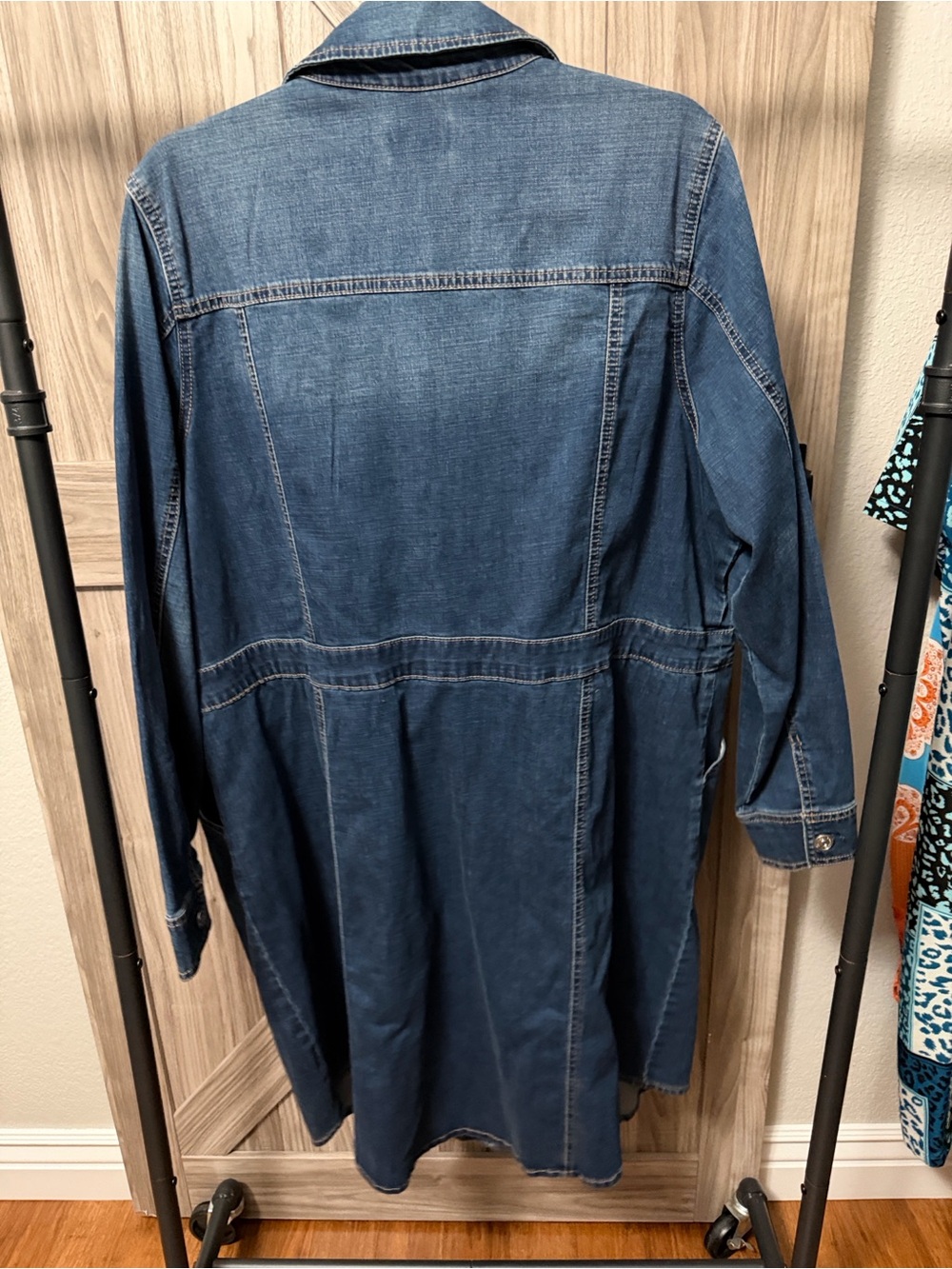 LOGO by Lori Goldstein 1X Long Denim Duster Jacket Stretch Blue Jean Coat - Picture 2 of 4
